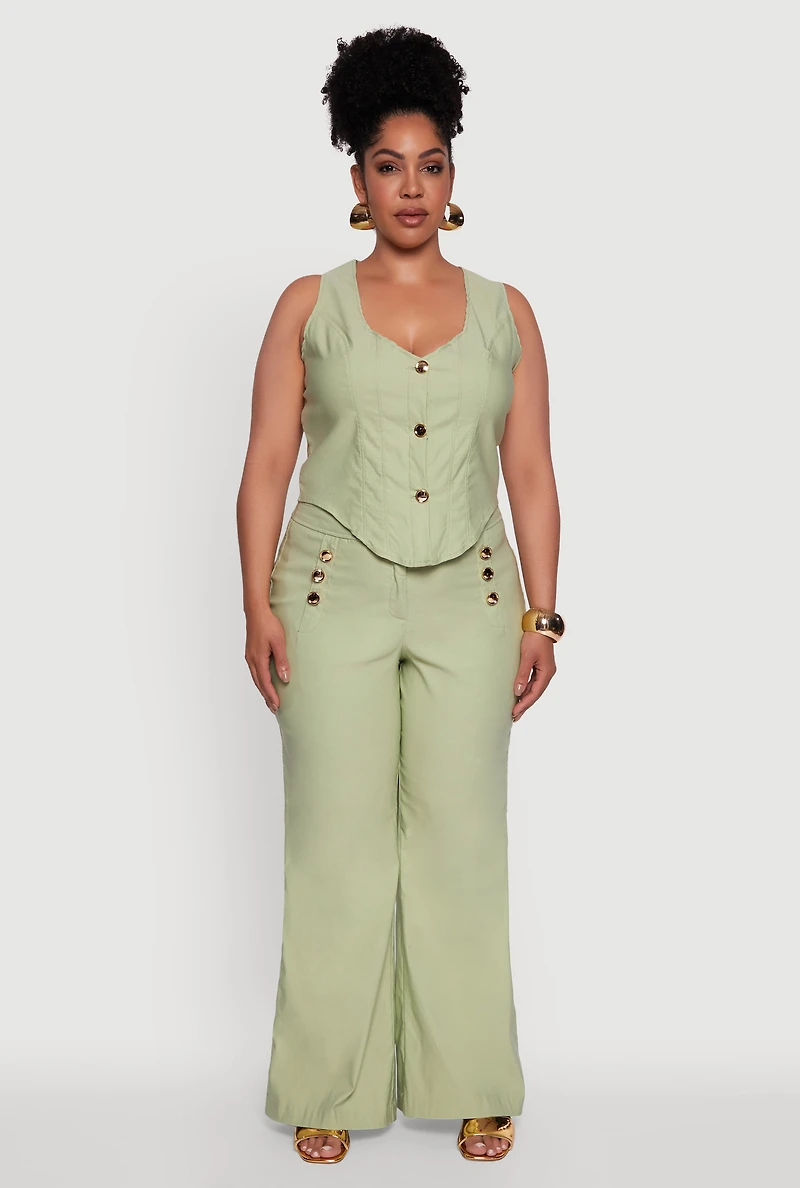 Womens Plus Size Stretch Solid Button Front Vest, Green, Size 2X
