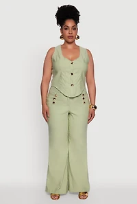 Womens Plus Size Stretch Solid Button Front Vest, Green, Size 2X