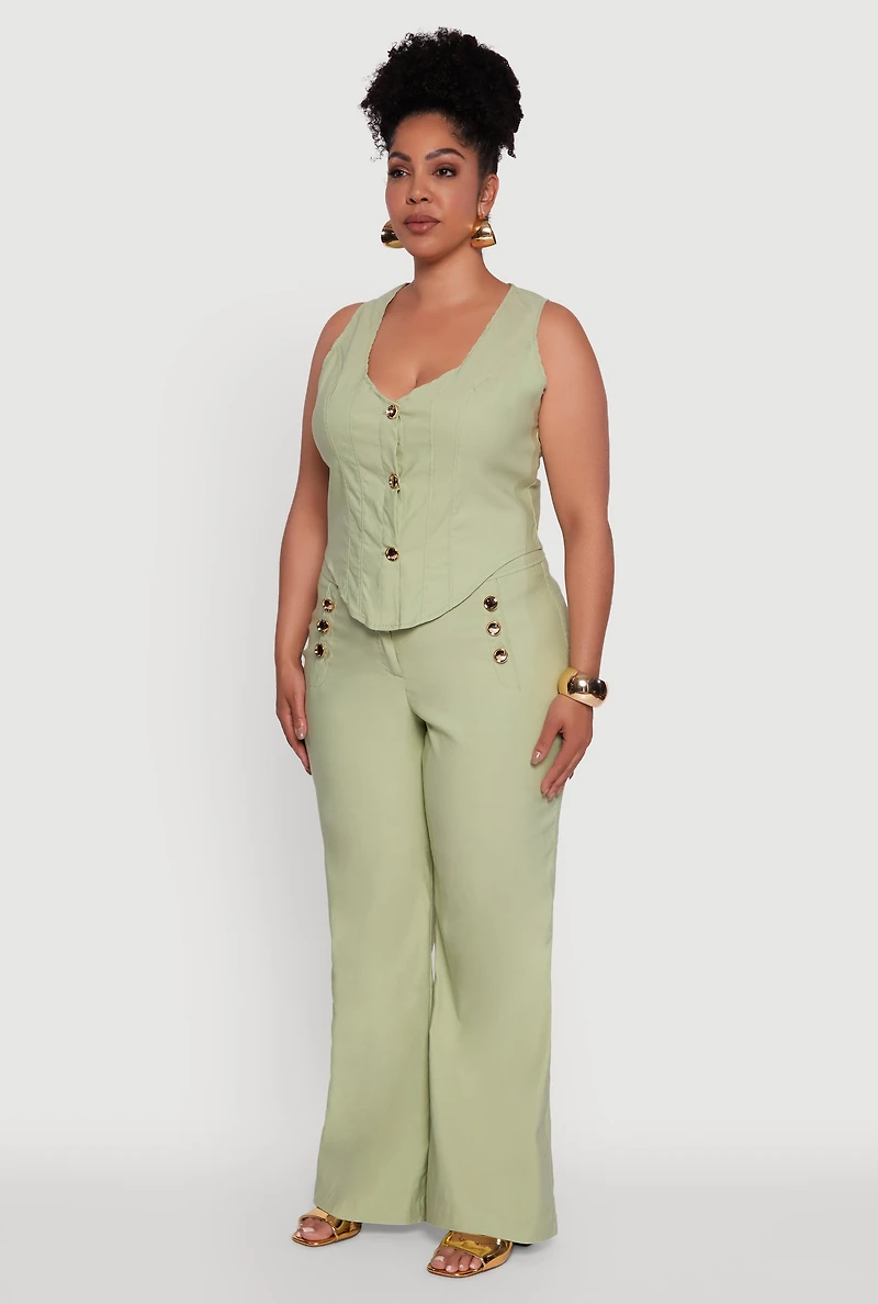 Womens Plus Size Stretch Solid Button Front Vest, Green, Size 2X