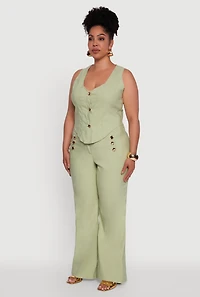 Womens Plus Size Stretch Solid Button Front Vest, Green, Size 2X