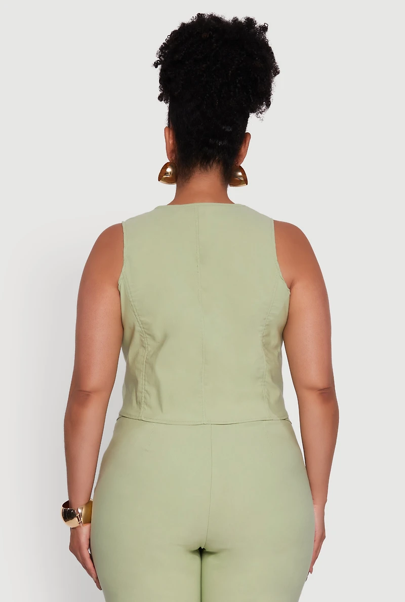 Womens Plus Size Stretch Solid Button Front Vest, Green, Size 2X