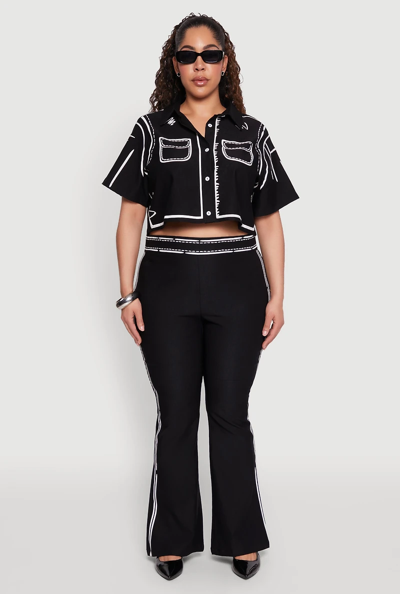 Womens Plus Size 2D Optical Illusion Flare Pants, Black, Size 3X