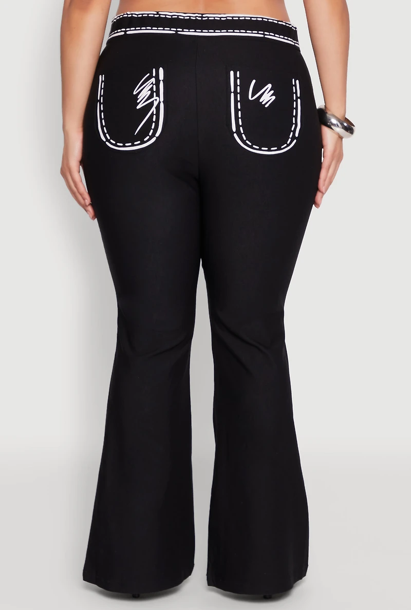 Womens Plus Size 2D Optical Illusion Flare Pants, Black, Size 3X