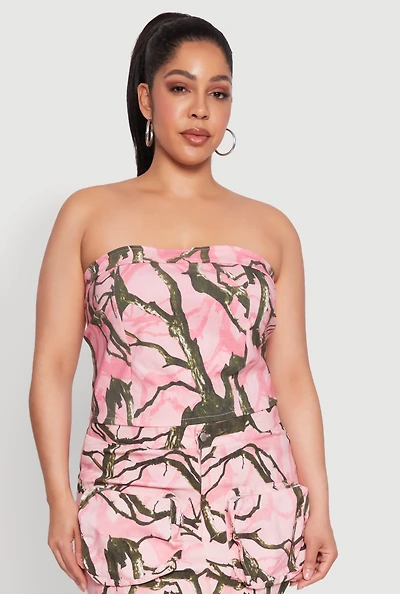 Womens Plus Size Hunter Camo Print Crop Corset Top, Pink, Size 1X