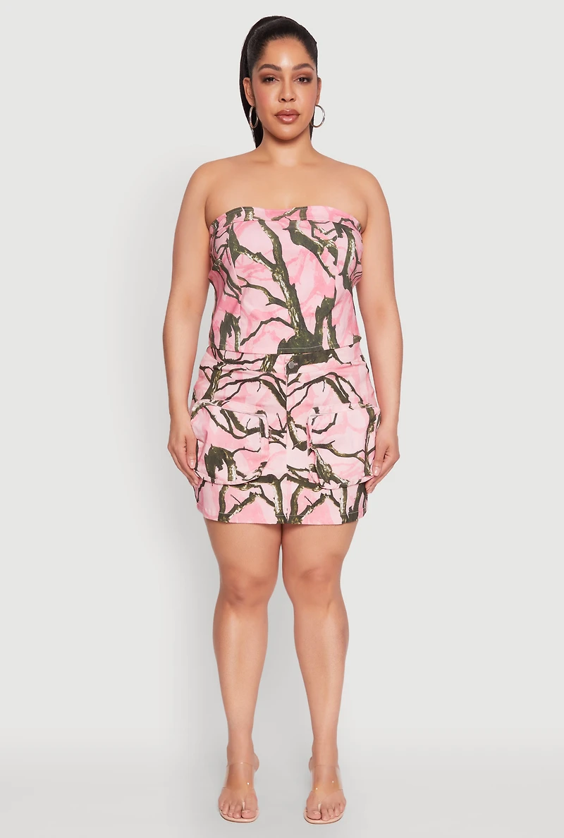 Womens Plus Size Hunter Camo Print Crop Corset Top, Pink, Size 1X