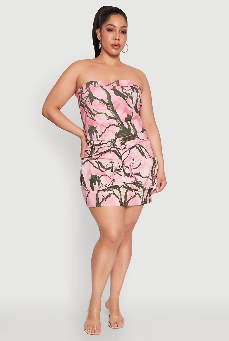 Womens Plus Size Hunter Camo Print Crop Corset Top, Pink, Size 1X