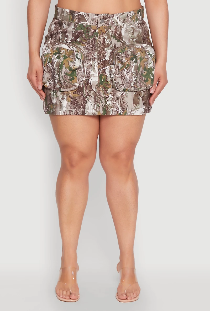 Womens Plus Size Hunter Camo Mini Cargo Skirt, Multi, Size 3X