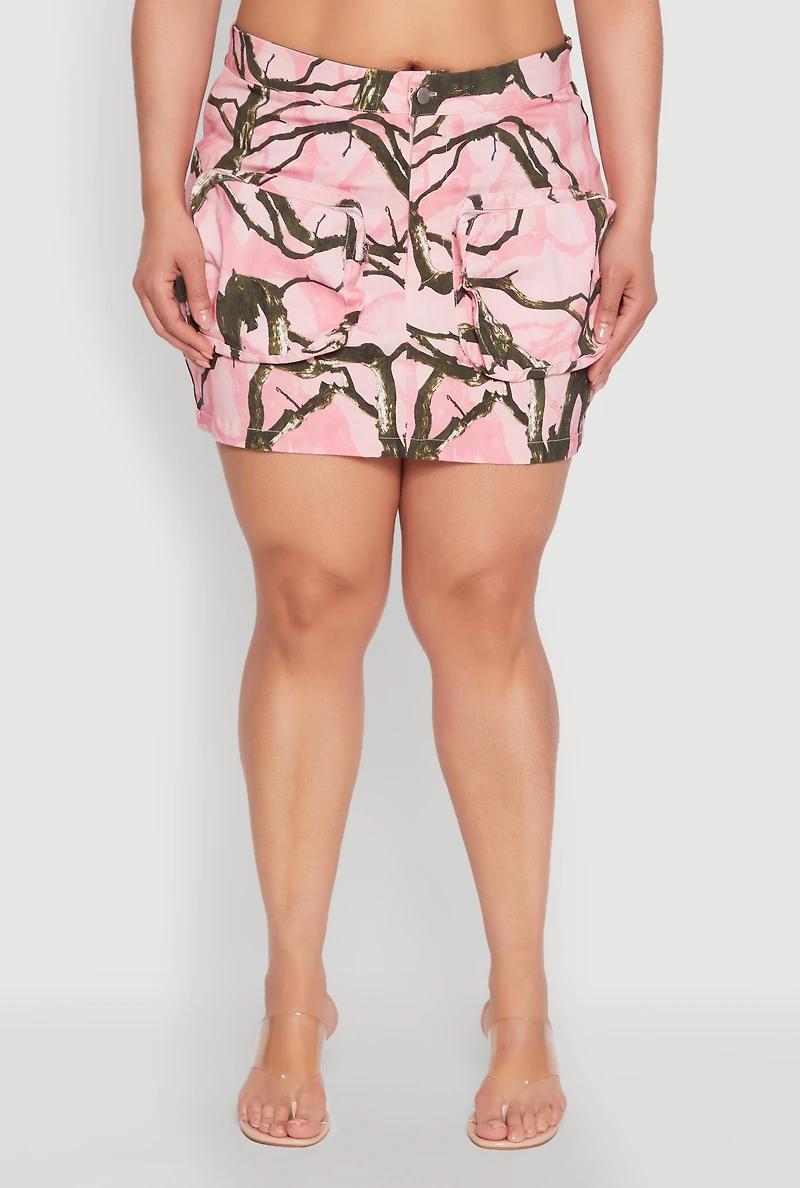 Womens Plus Size Hunter Camo Mini Cargo Skirt, Pink, Size 1X