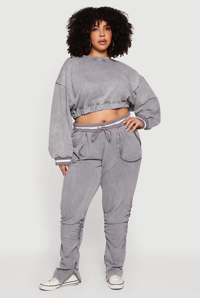 Plus Acid Wash Stacked Sweatpants with Zip Pockets