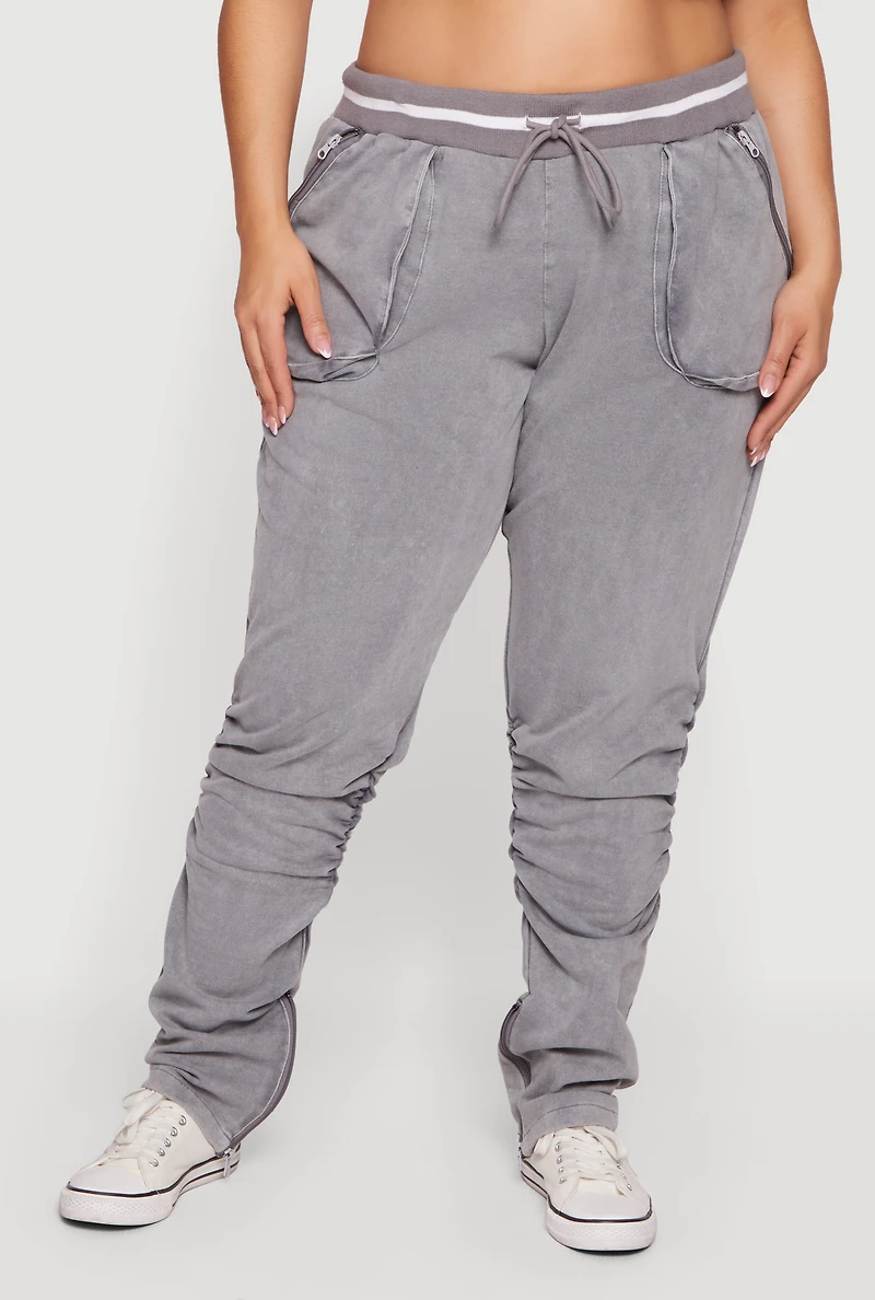 Plus Acid Wash Stacked Sweatpants with Zip Pockets
