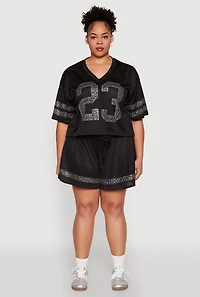Womens Plus Rhinestone Studded Jersey Mesh Shorts,