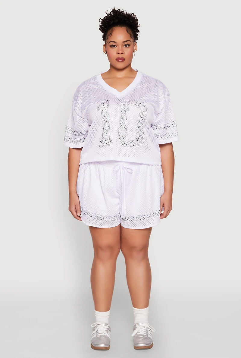 Womens Plus Size Rhinestone Studded Jersey Mesh Shorts, White, Size 2X