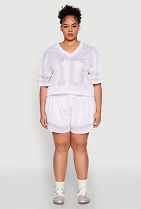 Womens Plus Size Rhinestone Studded Jersey Mesh Shorts, White, Size 2X