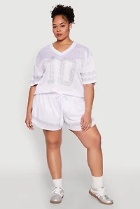 Womens Plus Size Rhinestone Studded Jersey Mesh Shorts, White, Size 2X
