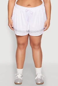 Womens Plus Size Rhinestone Studded Jersey Mesh Shorts, White, Size 2X