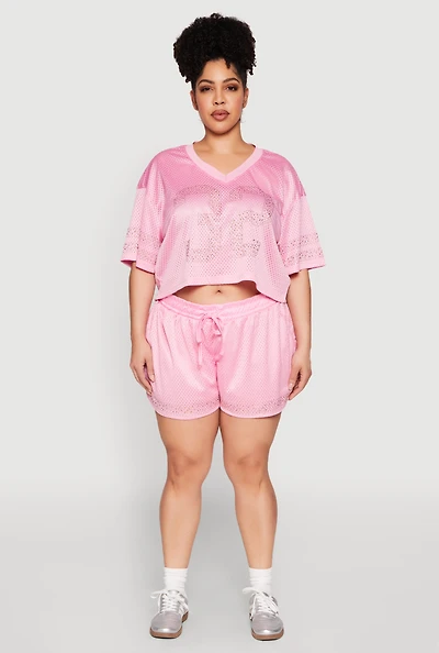 Womens Plus Rhinestone Studded Jersey Mesh Shorts,