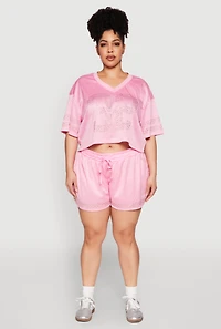 Womens Plus Rhinestone Studded Jersey Mesh Shorts, 2X