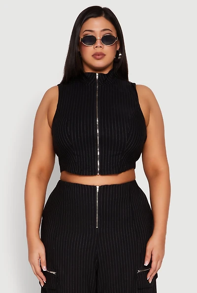Womens Plus Pinstripe Zip Front Crop Top, 2X