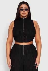 Womens Plus Size Pinstripe Zip Front Crop Top, Black, Size 1X
