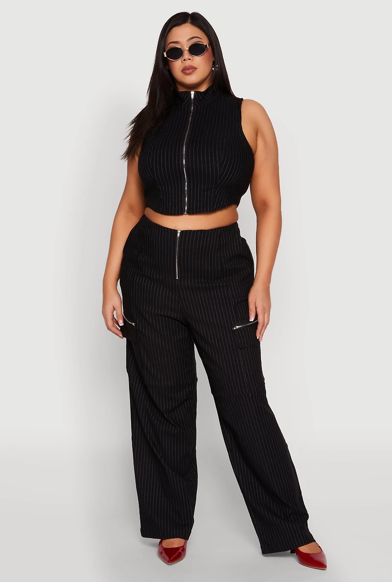 Womens Plus Size Pinstripe Zip Front Crop Top, Black, Size 1X