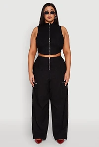 Womens Plus Size Pinstripe Zip Front Crop Top, Black, Size 1X