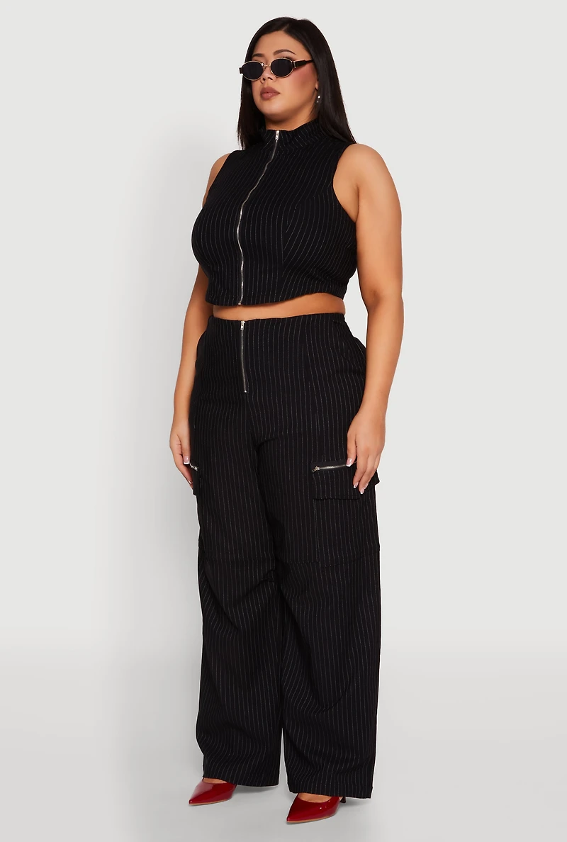 Womens Plus Pinstripe Zip Front Crop Top, 2X