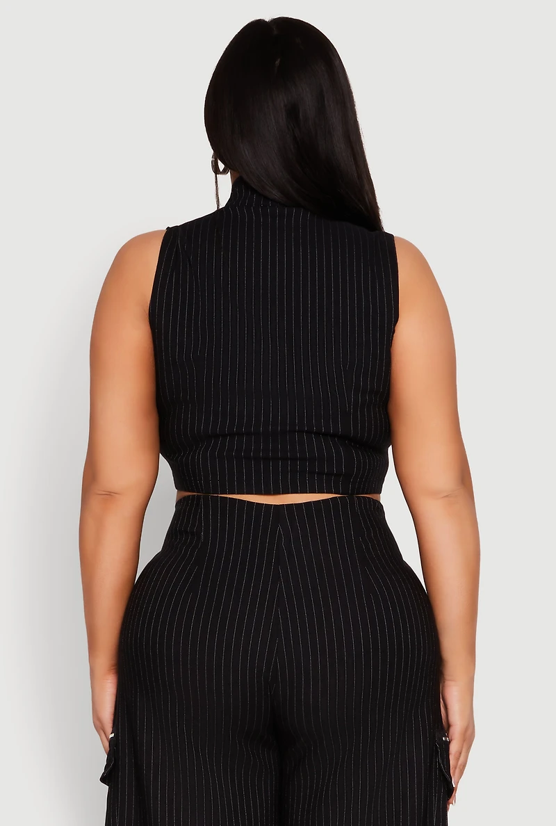 Womens Plus Size Pinstripe Zip Front Crop Top, Black, Size 1X