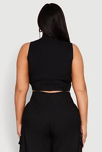 Womens Plus Size Pinstripe Zip Front Crop Top, Black, Size 1X