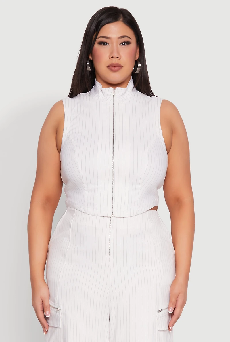 Womens Plus Size Pinstripe Zip Front Crop Top, White, Size 1X