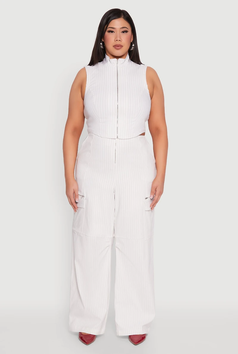 Womens Plus Pinstripe Zip Front Crop Top, White,