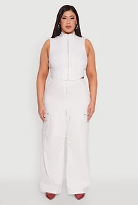 Womens Plus Size Pinstripe Zip Front Crop Top, White, Size 1X