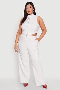 Womens Plus Size Pinstripe Zip Front Crop Top, White, Size 2X