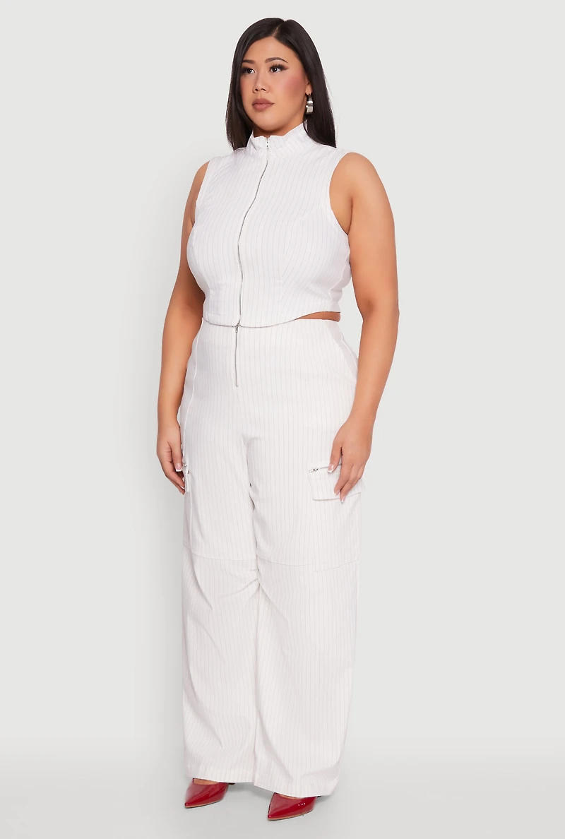 Womens Plus Size Pinstripe Zip Front Crop Top, White, Size 1X