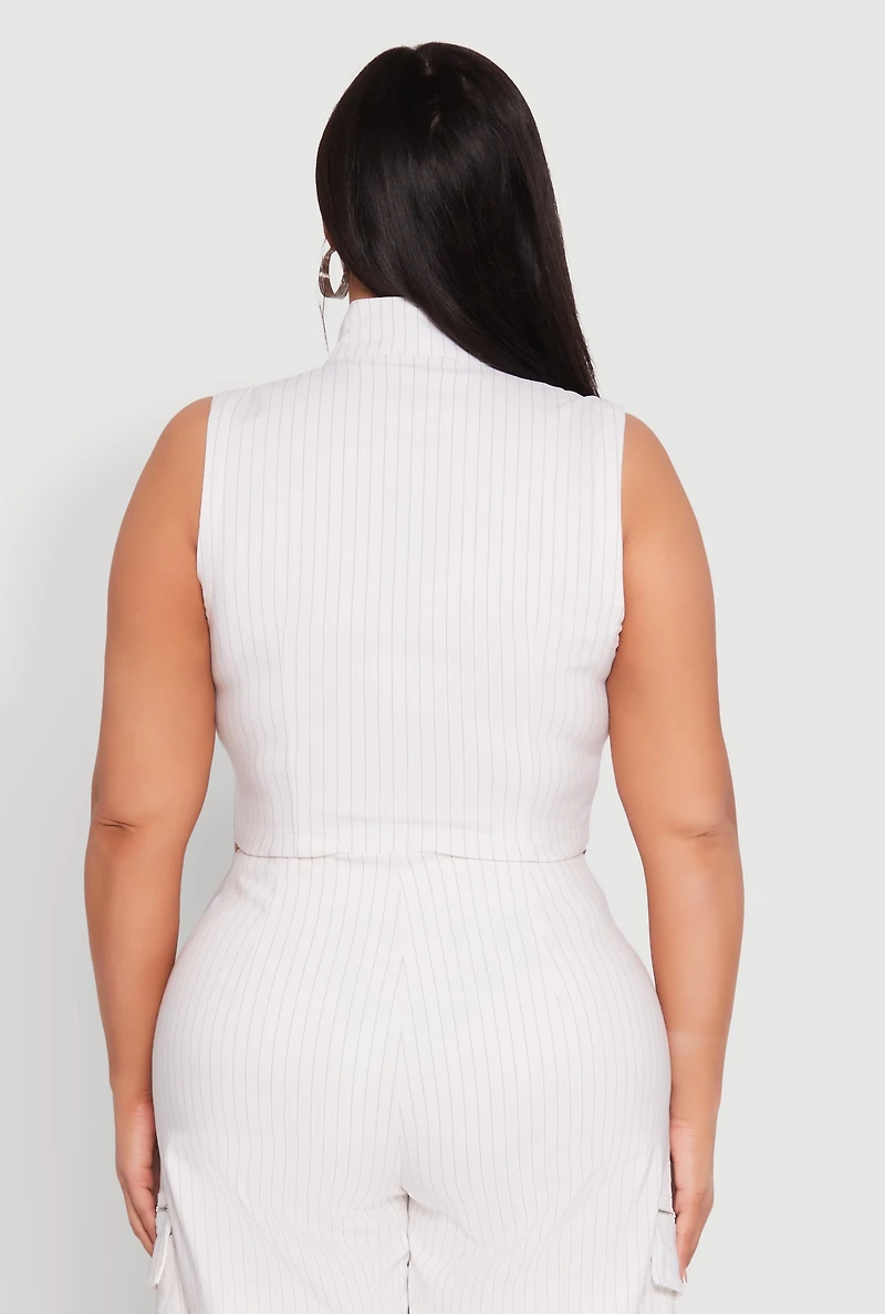 Womens Plus Size Pinstripe Zip Front Crop Top, White, Size 1X