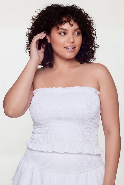 Plus Crepe Knit Smocked Strapless Crop Top