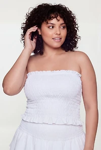 Plus Crepe Knit Smocked Strapless Crop Top
