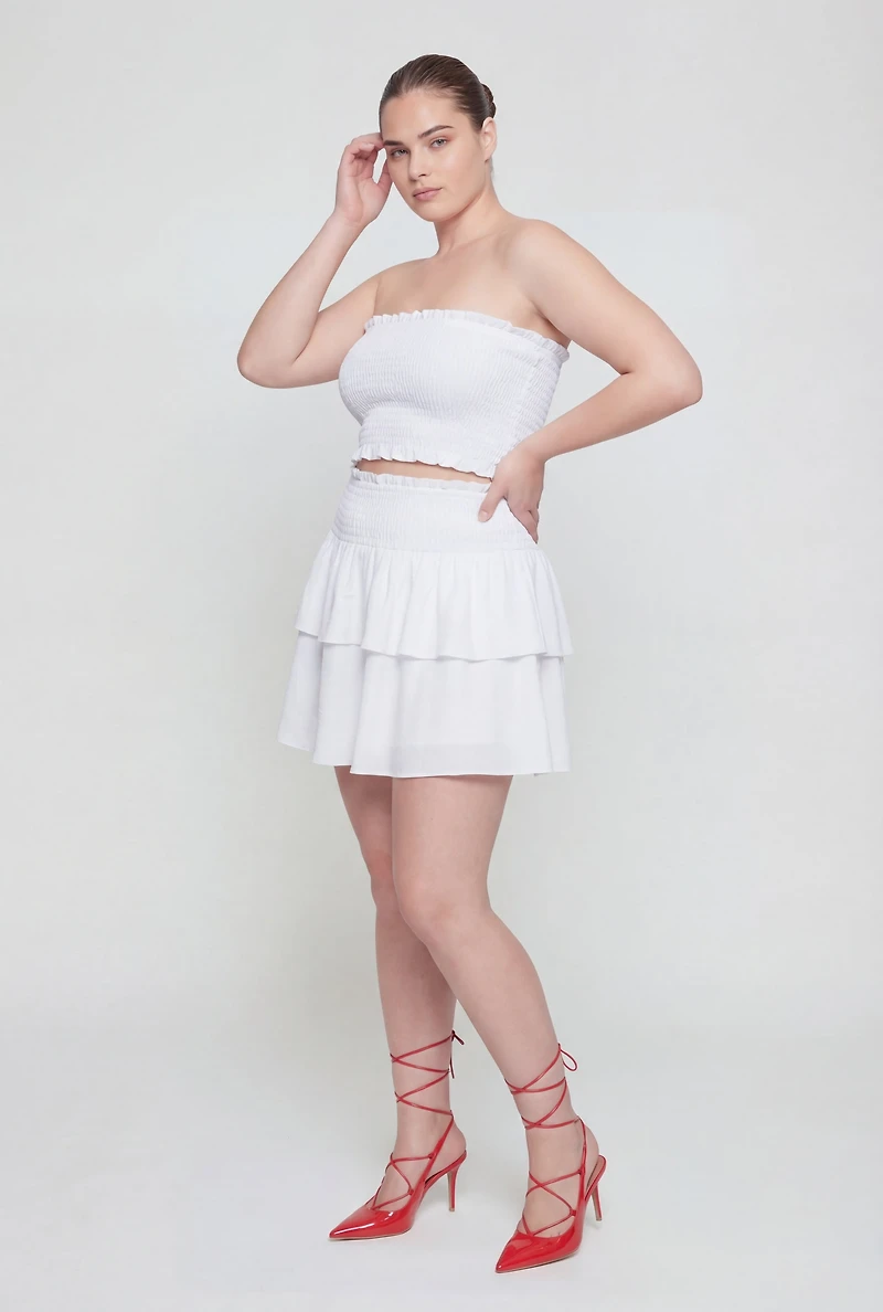 Plus Crepe Knit Smocked High Waisted Tiered Skirt