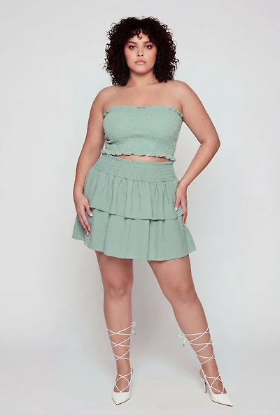 Plus Crepe Knit Smocked High Waisted Tiered Skirt