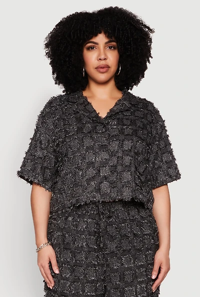 Womens Plus Size Spoon Jeans Plaid Frayed Shirt, Black, Size 2X