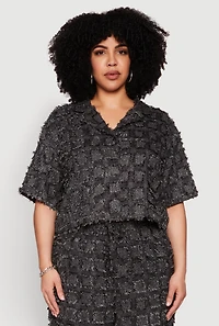 Womens Plus Size Spoon Jeans Plaid Frayed Shirt, Black, Size 2X