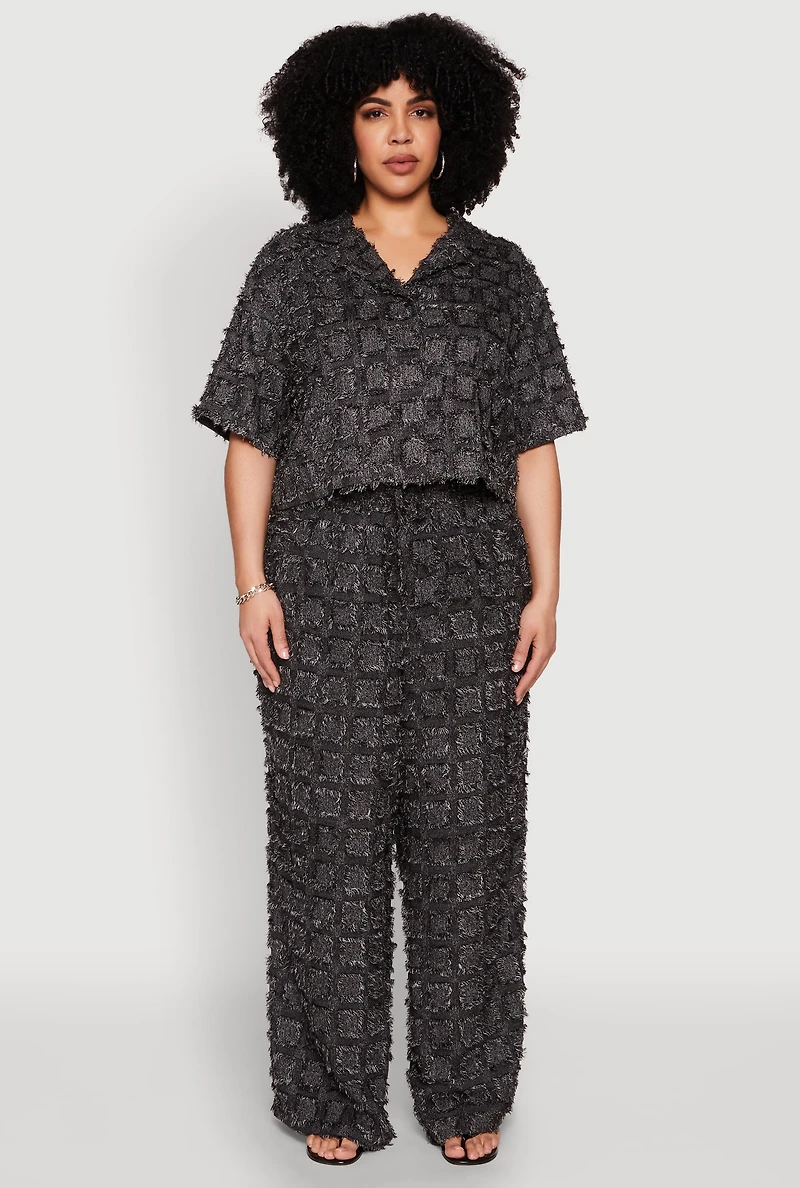 Womens Plus Size Spoon Jeans Plaid Frayed Shirt, Black, Size 2X
