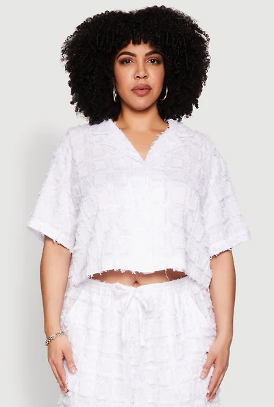 Womens Plus Size Spoon Jeans Plaid Frayed Shirt, White, Size 2X