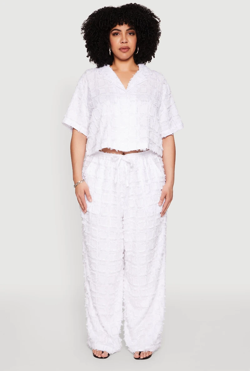 Womens Plus Size Spoon Jeans Plaid Frayed Shirt, White, Size 2X