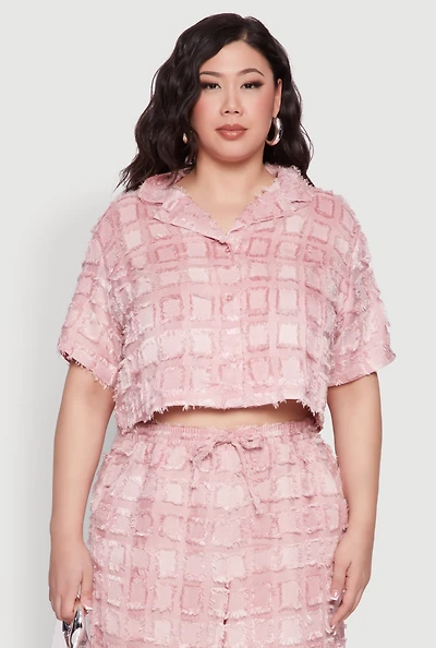 Womens Plus Size Spoon Jeans Plaid Frayed Shirt, Pink, Size 1X