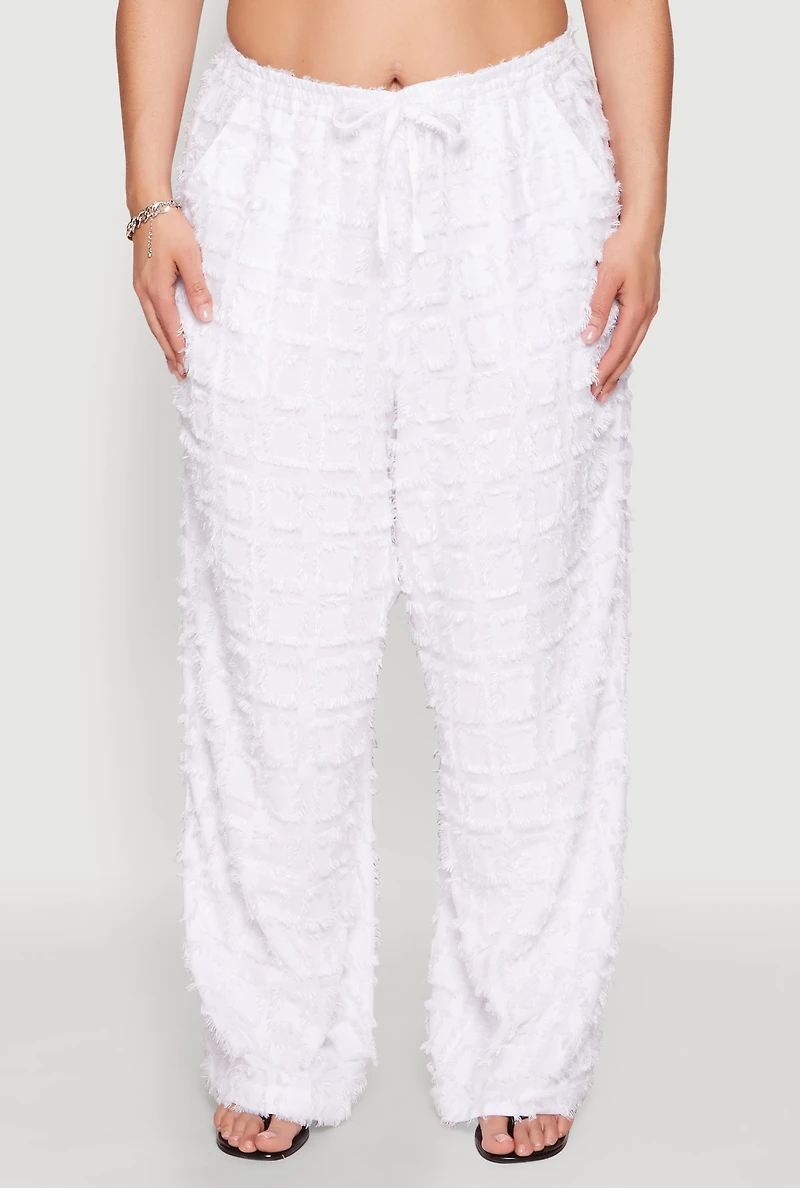 Womens Plus Size Spoon Jeans Plaid Frayed Wide Leg Pants, White, Size 3X