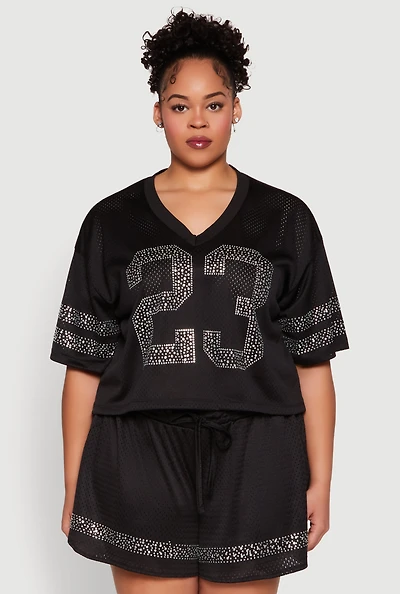 Plus Rhinestone Graphic Print Mesh Jersey
