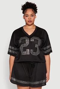 Plus Rhinestone Graphic Print Mesh Jersey