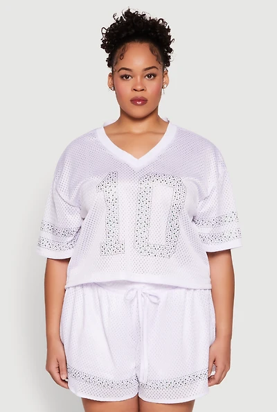 Womens Plus Size Rhinestone Graphic Print Mesh Jersey, White, Size 3X