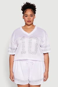 Womens Plus Size Rhinestone Graphic Print Mesh Jersey, White, Size 3X
