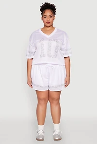 Womens Plus Size Rhinestone Graphic Print Mesh Jersey, White, Size 3X